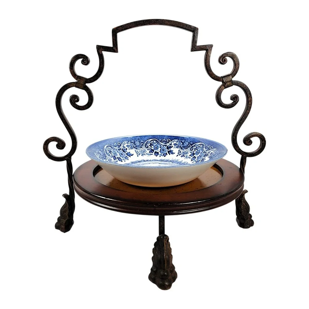 Vintage Wood Round Centerpiece Tray with Metal Handle